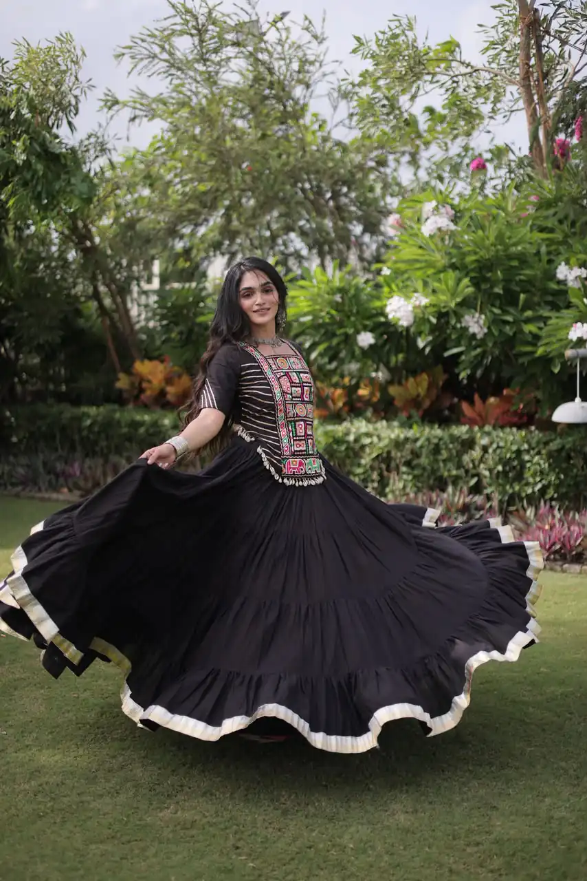 Stylist Black Kora Cotton Kutchi Patch Work Lehenga Choli - Image 6