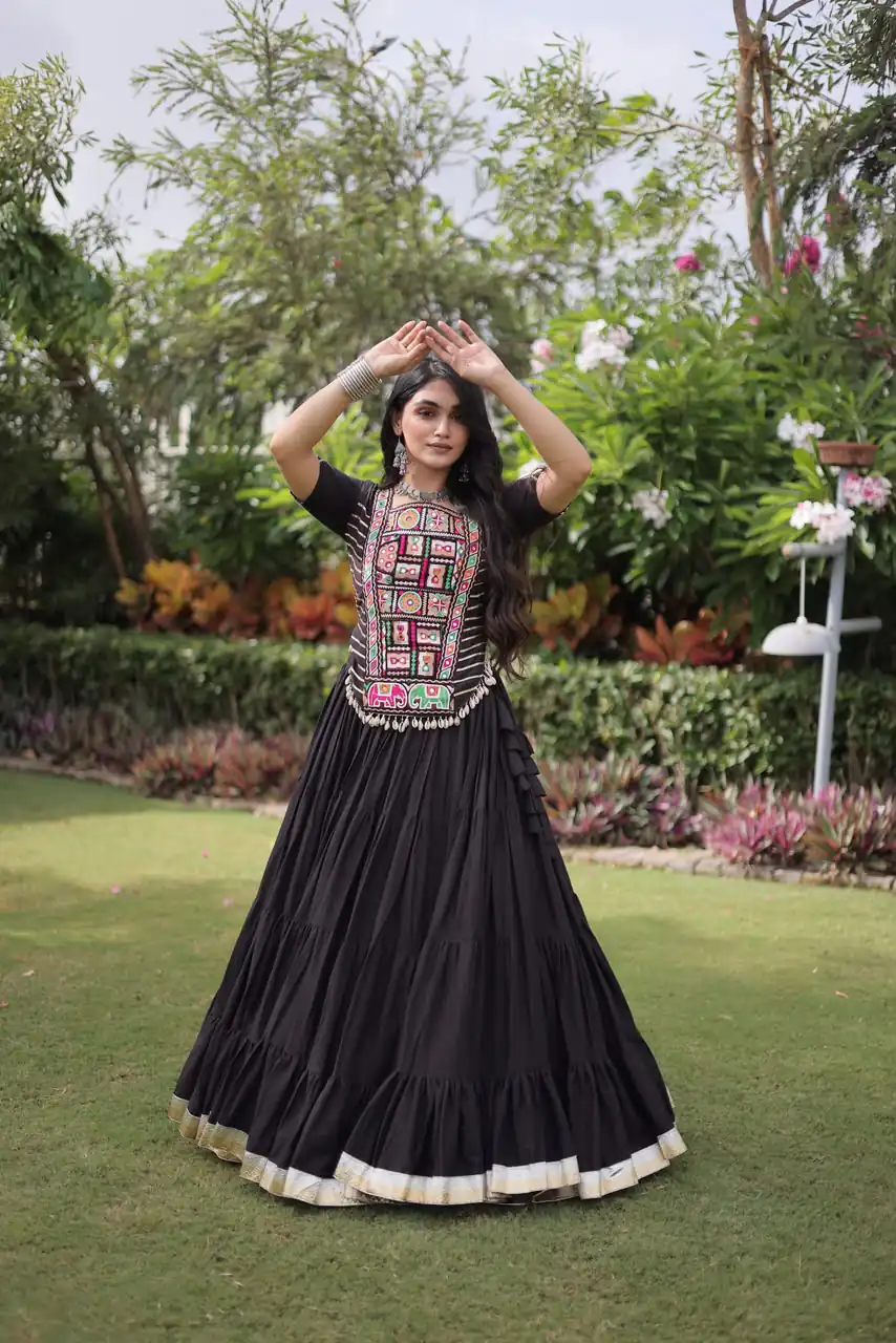 Stylist Black Kora Cotton Kutchi Patch Work Lehenga Choli - Image 5