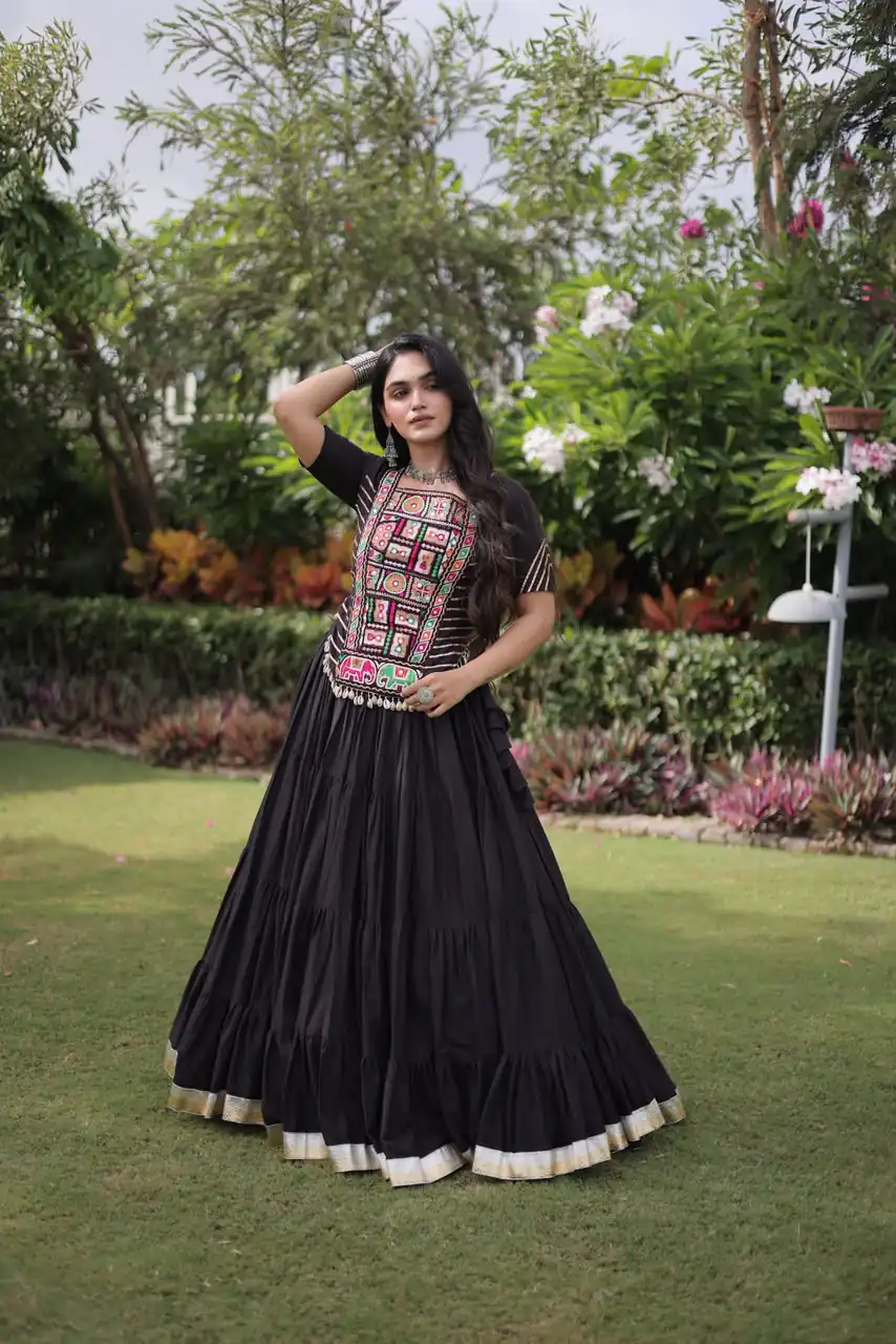 Stylist Black Kora Cotton Kutchi Patch Work Lehenga Choli - Image 2