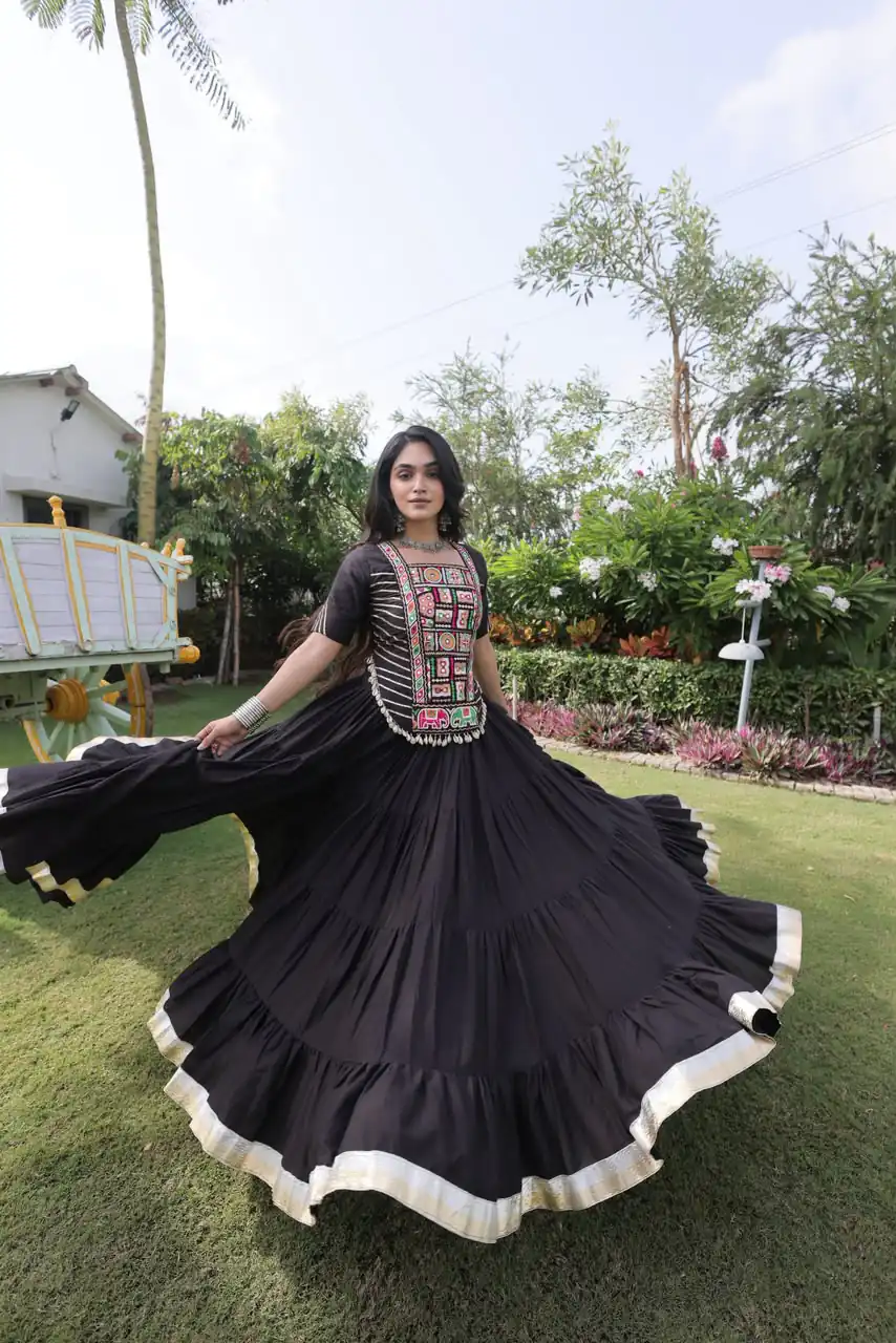 Stylist Black Kora Cotton Kutchi Patch Work Lehenga Choli