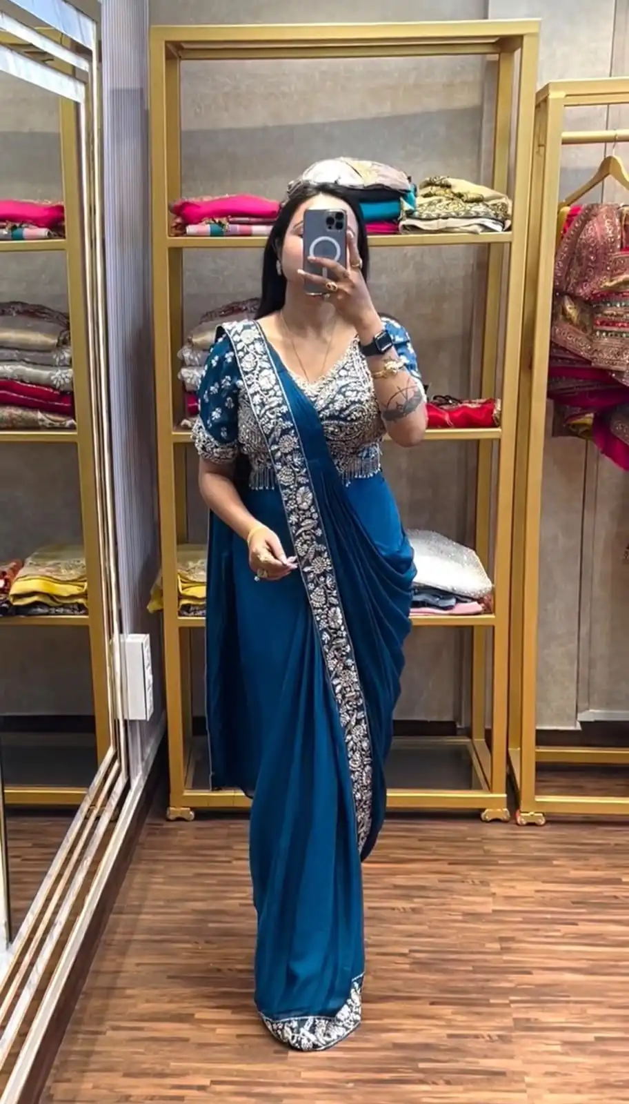 Stylist Blue Chinon Bead Embroidery Work Saree