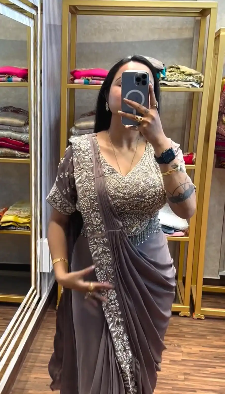 Stylist Dusty Rose Chinon Bead Embroidery Work Saree