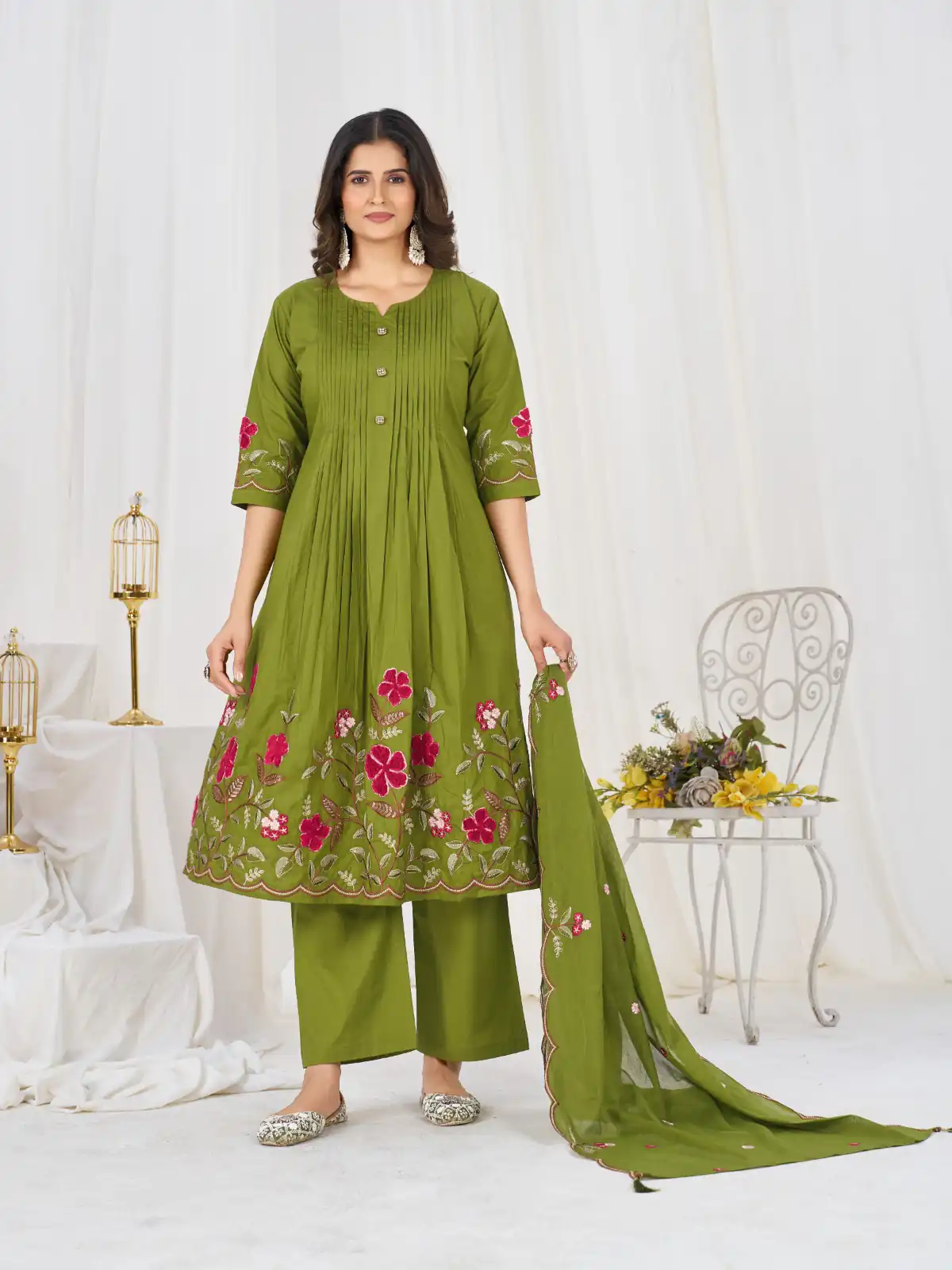 Stylist Green Pure Cotton Embroidery Cut Work Salwar Suit - Image 4
