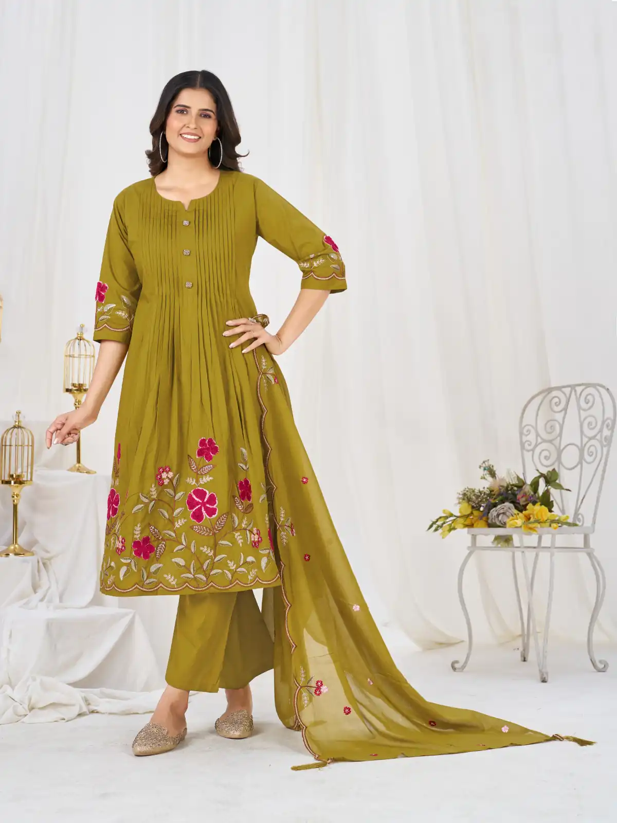 Stylist Mustered Pure Cotton Embroidery Cut Work Salwar Suit - Image 4