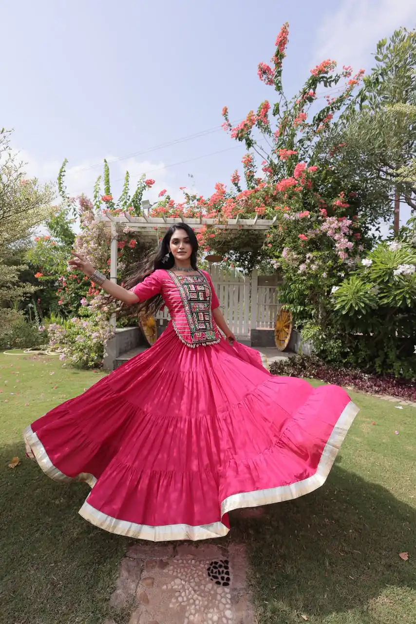 Stylist Pink Kora Cotton Kutchi Patch Work Lehenga Choli - Image 3