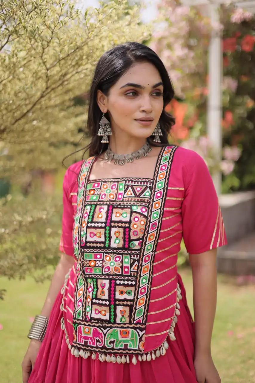Stylist Pink Kora Cotton Kutchi Patch Work Lehenga Choli - Image 2