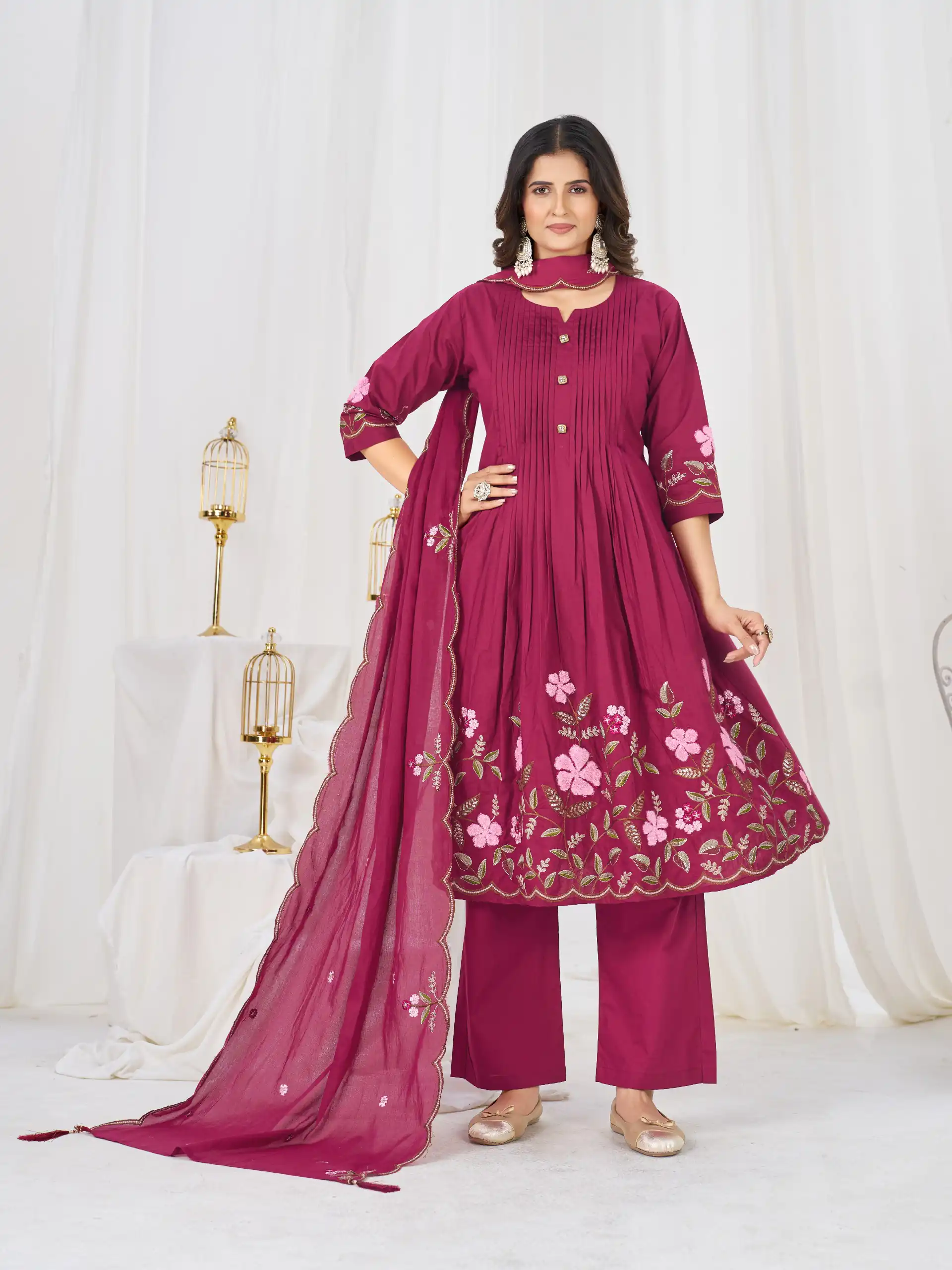 Stylist Pink Pure Cotton Embroidery Cut Work Salwar Suit