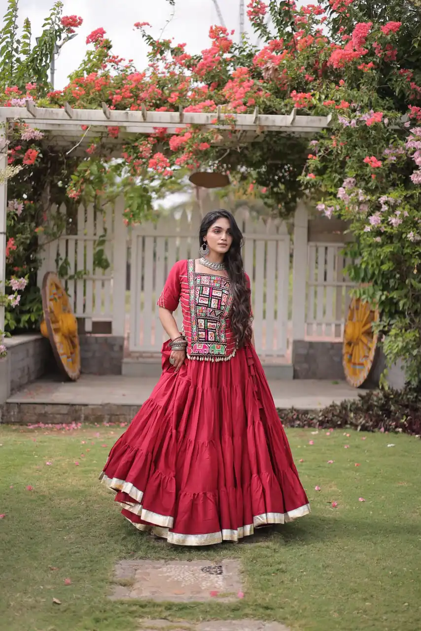 Stylist Red Kora Cotton Kutchi Patch Work Lehenga Choli - Image 5