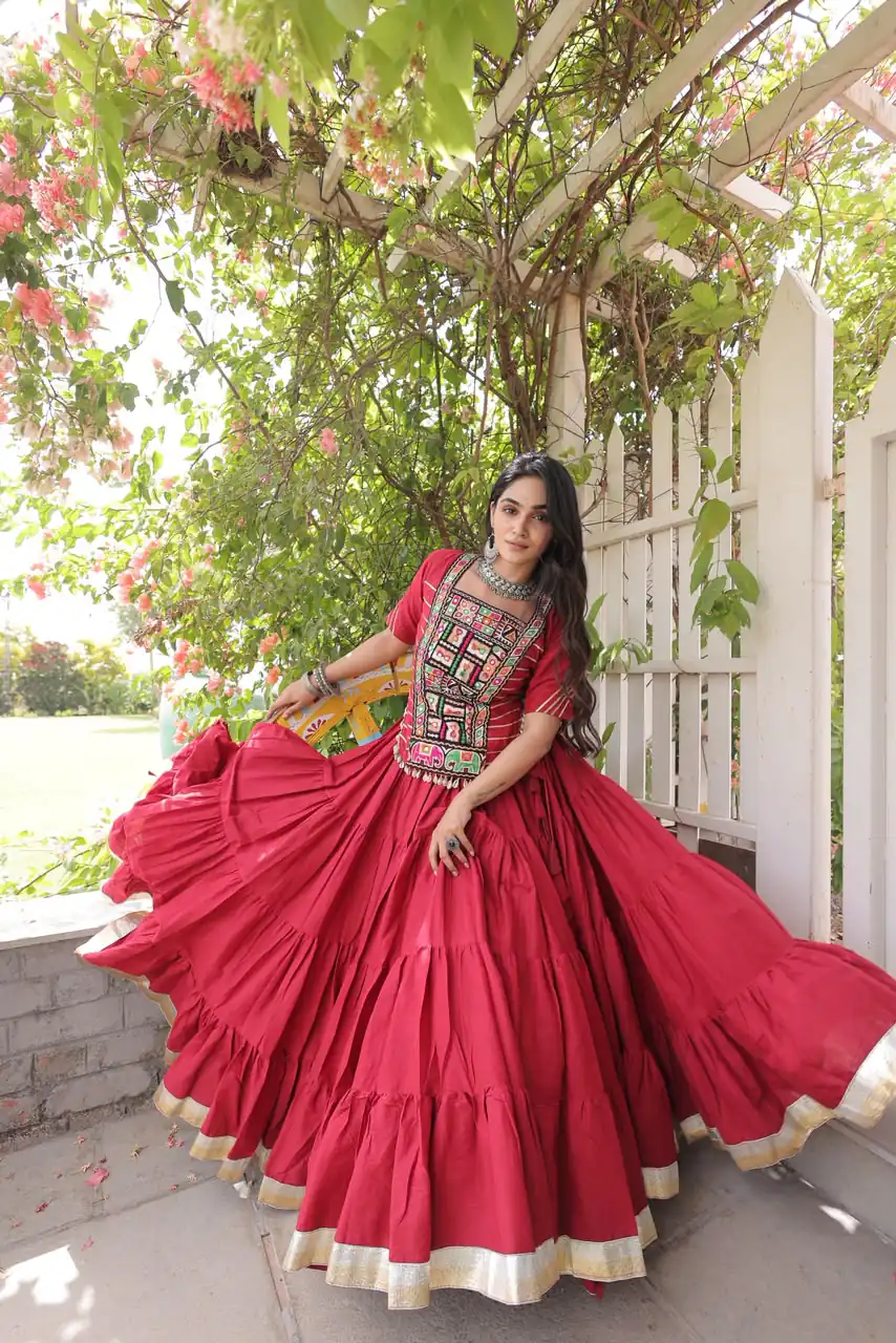 Stylist Red Kora Cotton Kutchi Patch Work Lehenga Choli - Image 4