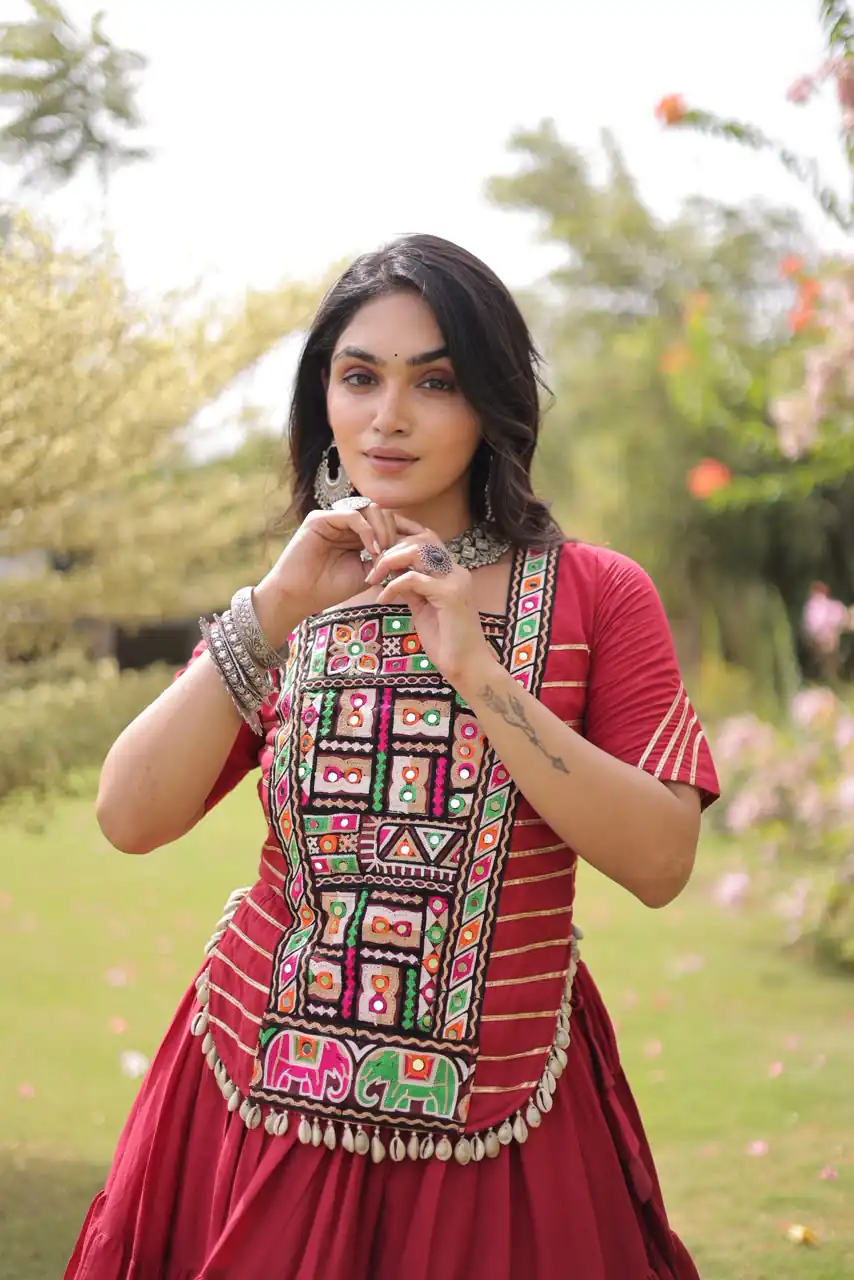 Stylist Red Kora Cotton Kutchi Patch Work Lehenga Choli - Image 2