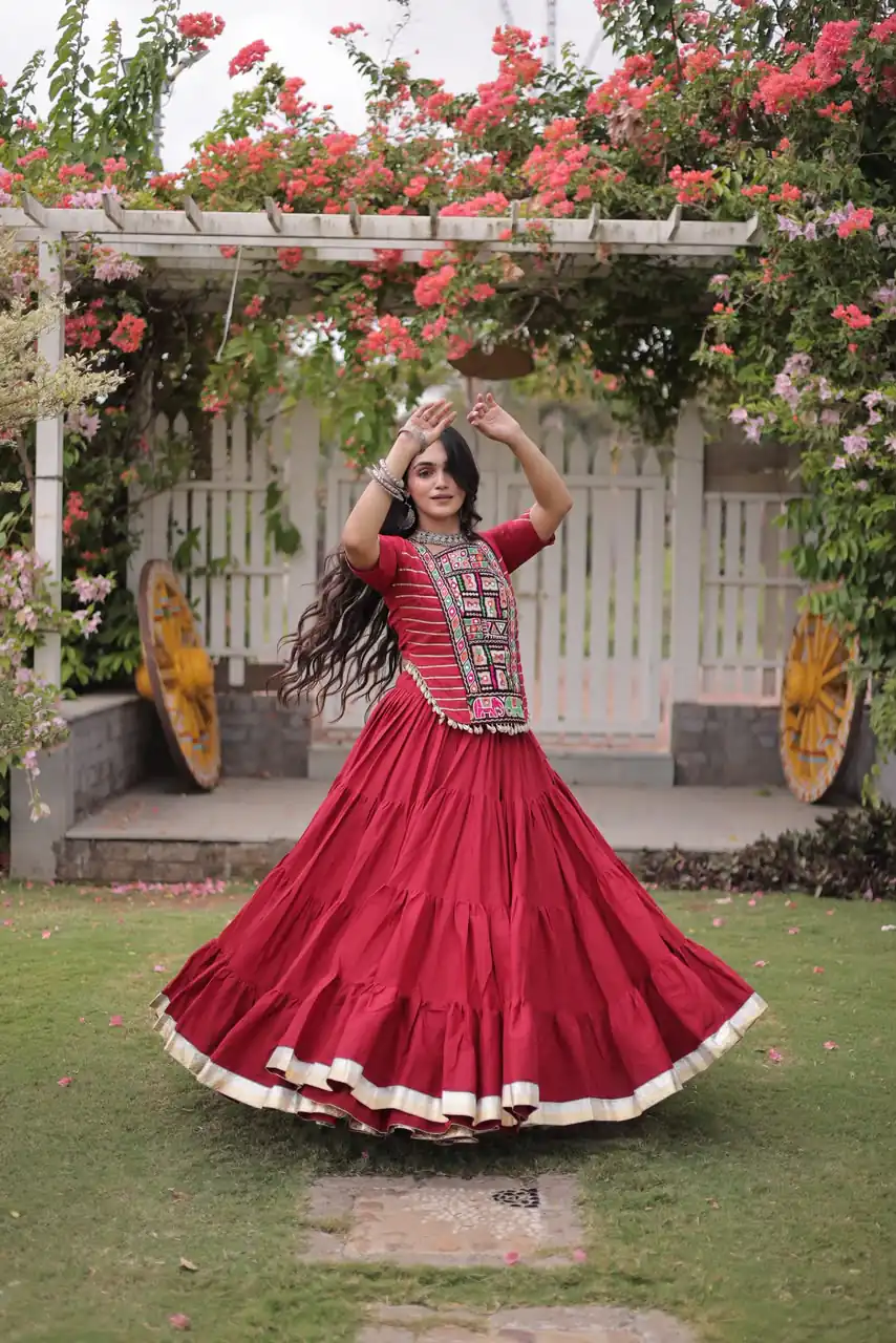 Stylist Red Kora Cotton Kutchi Patch Work Lehenga Choli - Image 3