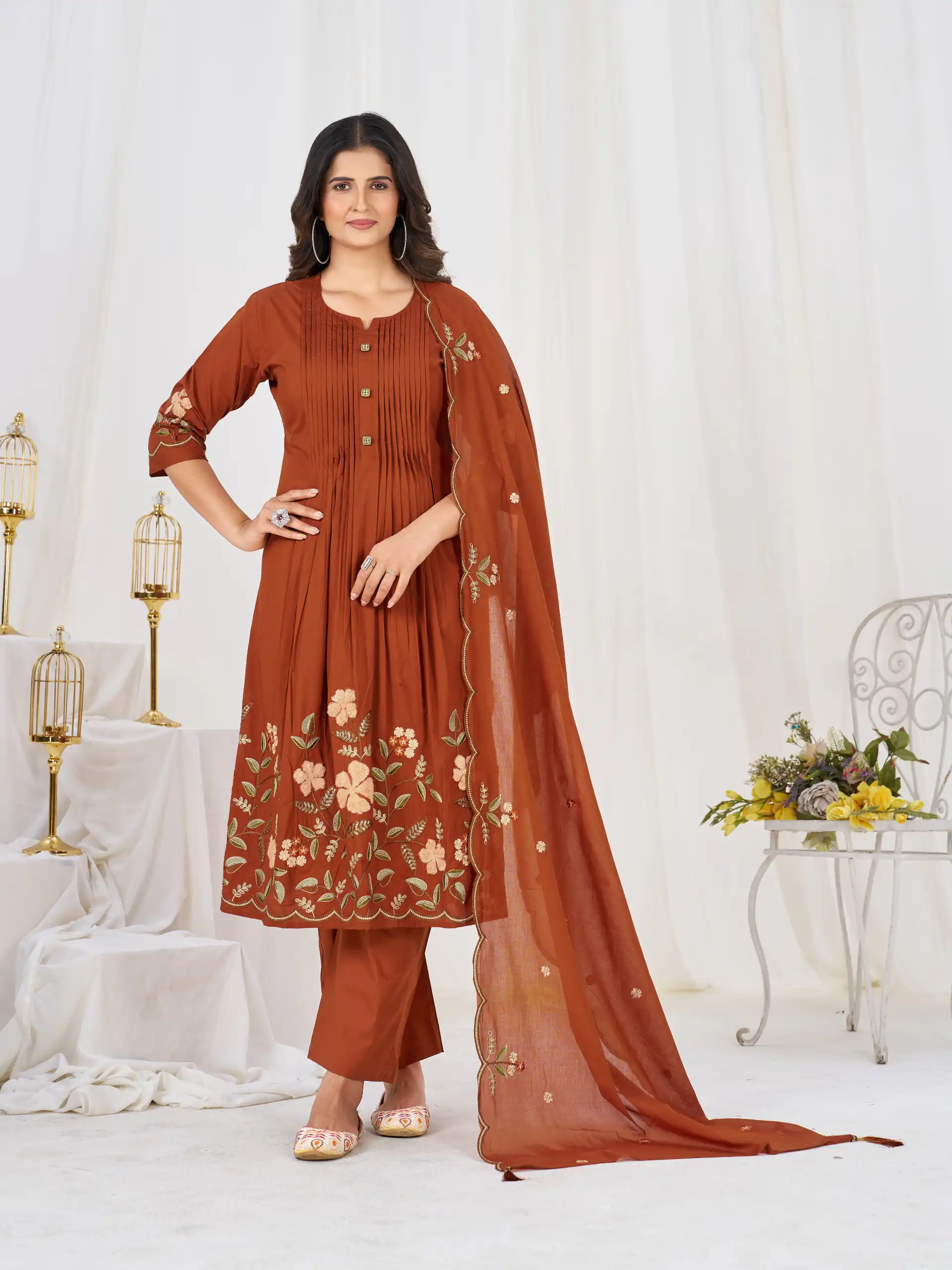 Stylist Rust Pure Cotton Embroidery Cut Work Salwar Suit
