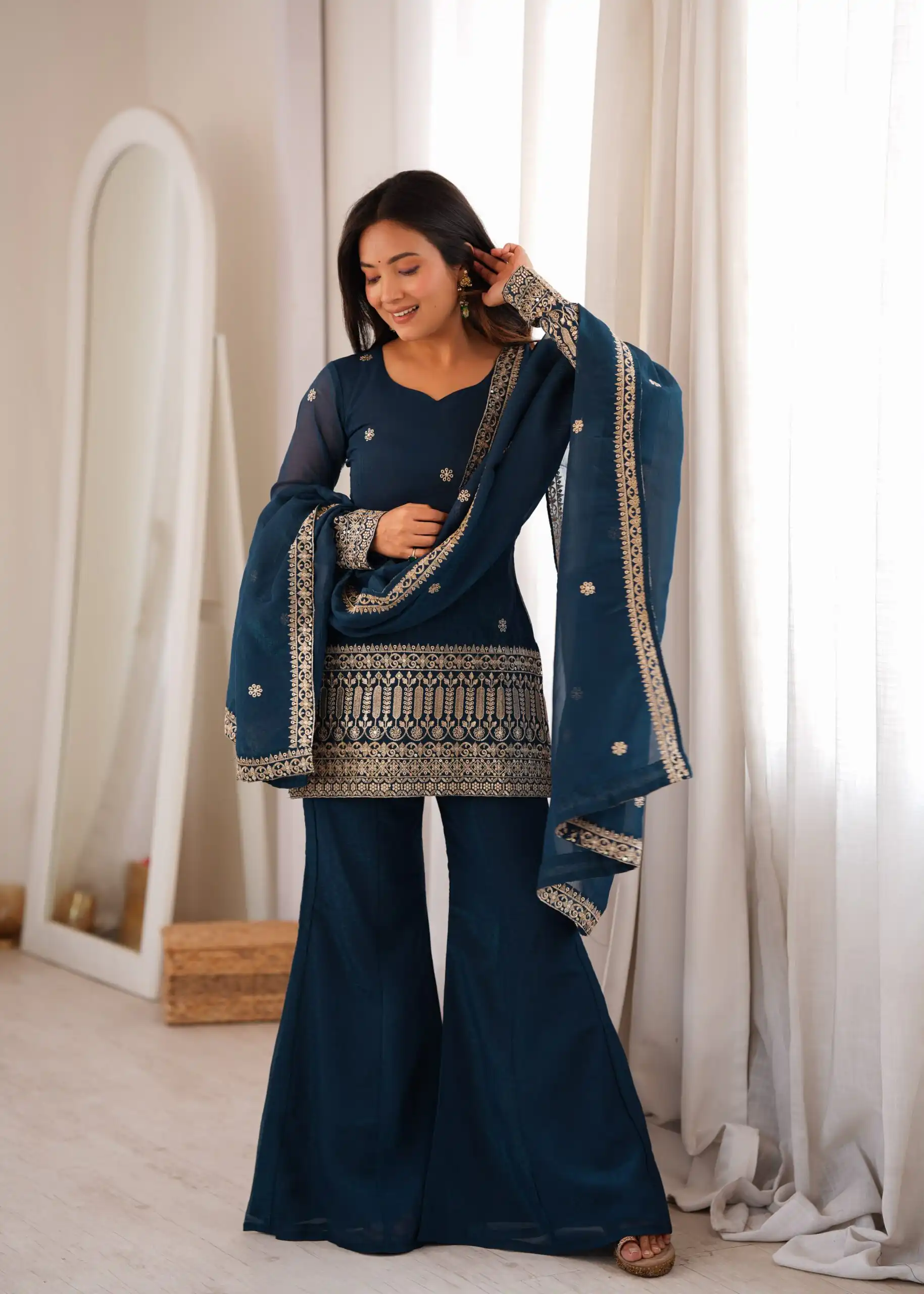 Stylist Teal Blue Crunchy Silk Sequins Work Salwar Suit - Image 2