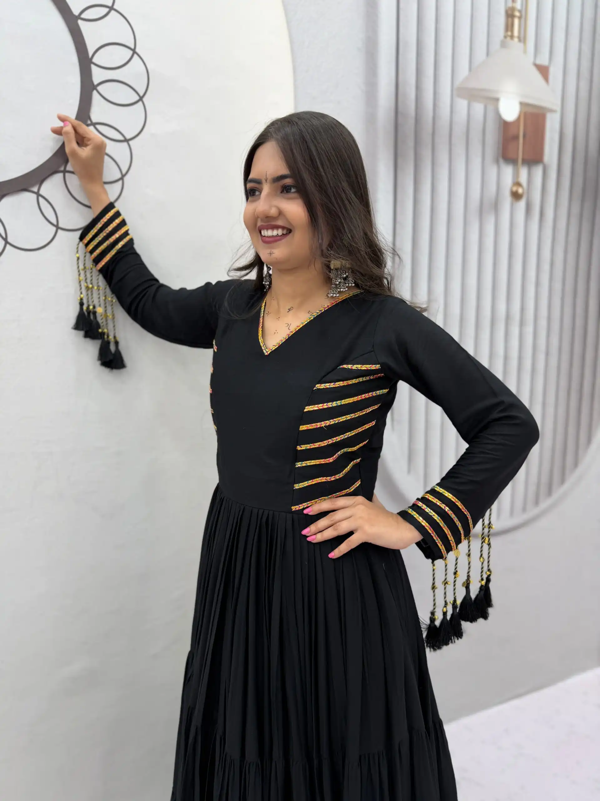 Super Black Pure Cotton Lace Work Gown