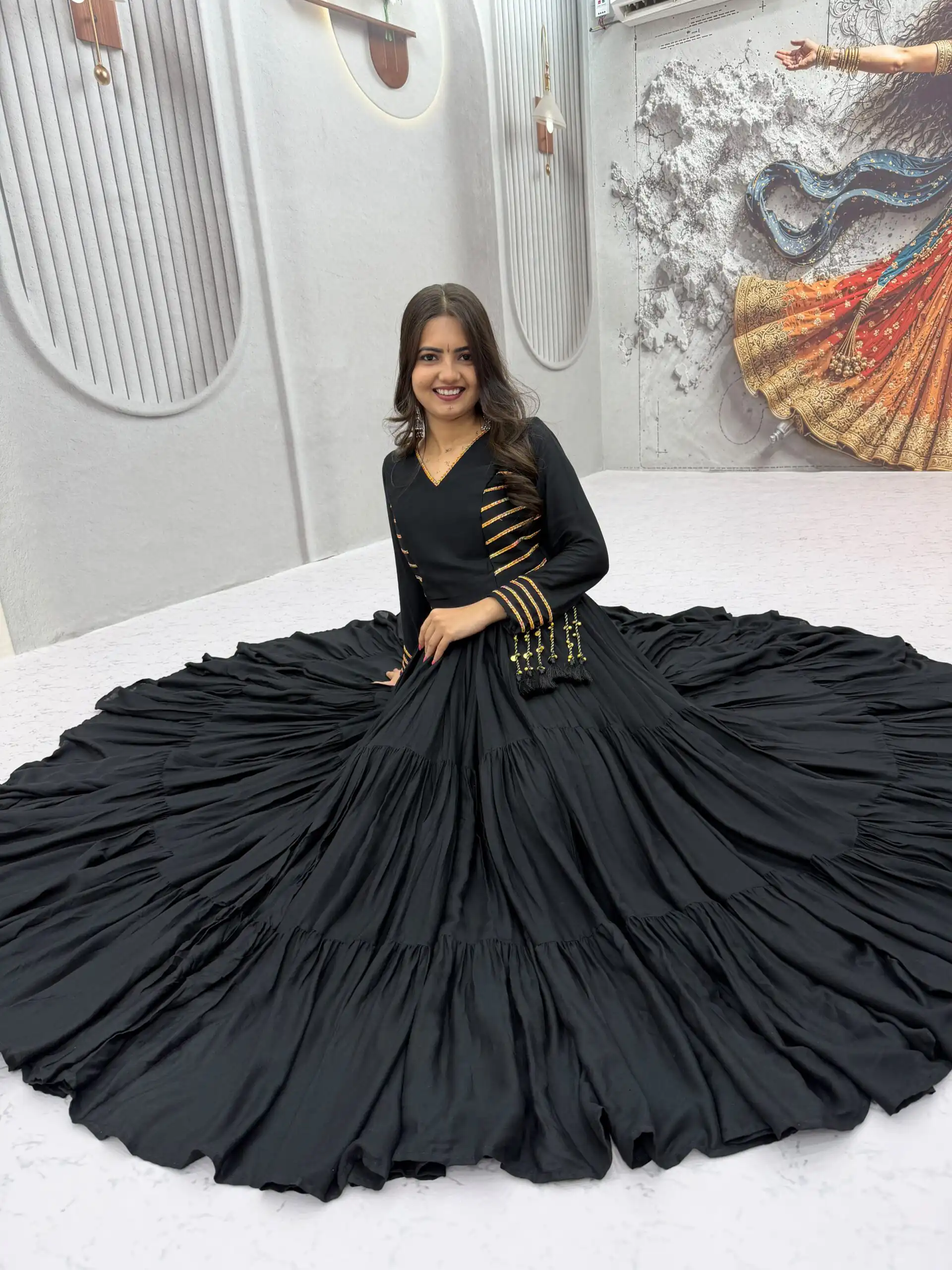 Super Black Pure Cotton Lace Work Gown - Image 10