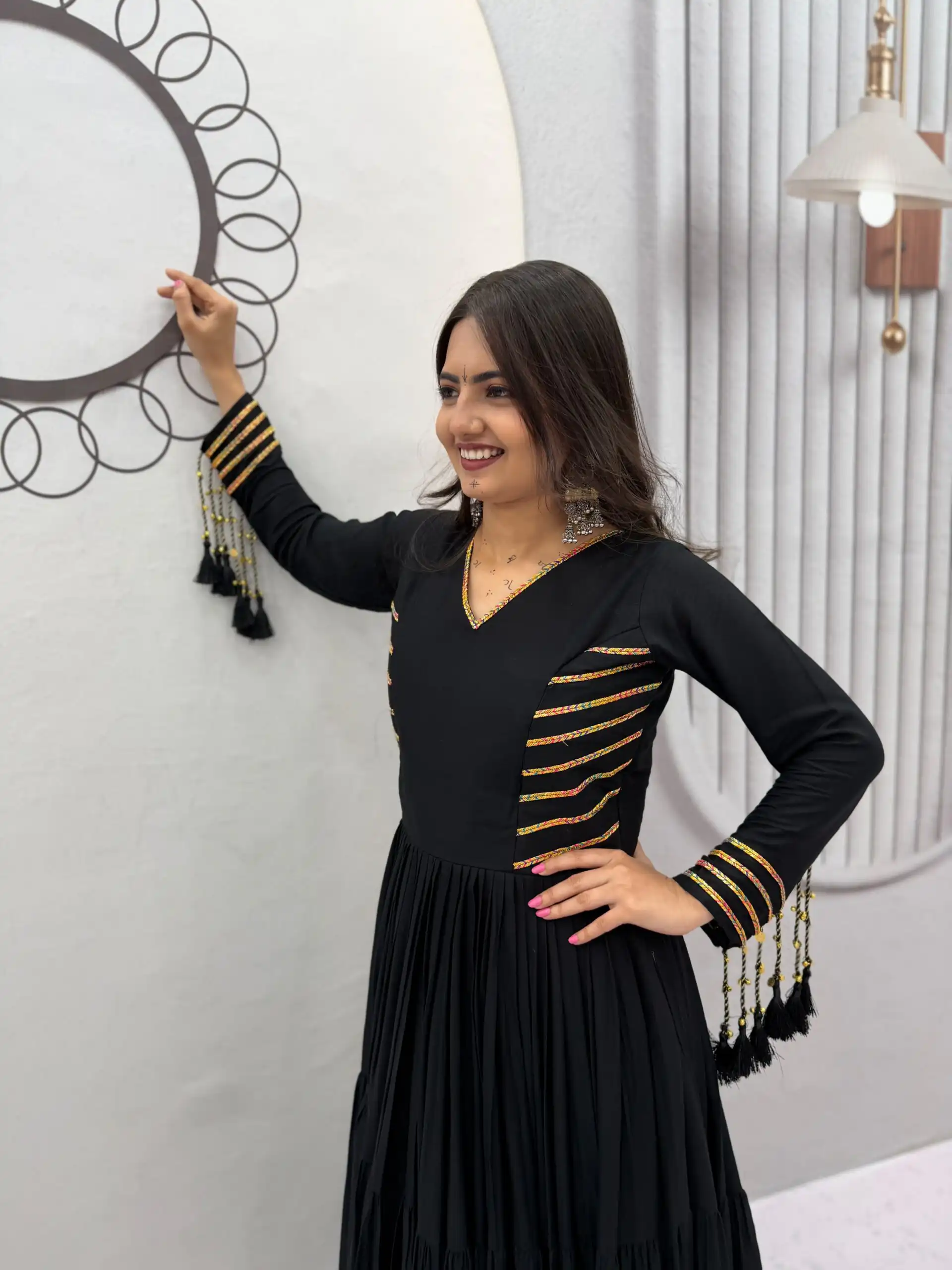 Super Black Pure Cotton Lace Work Gown - Image 5