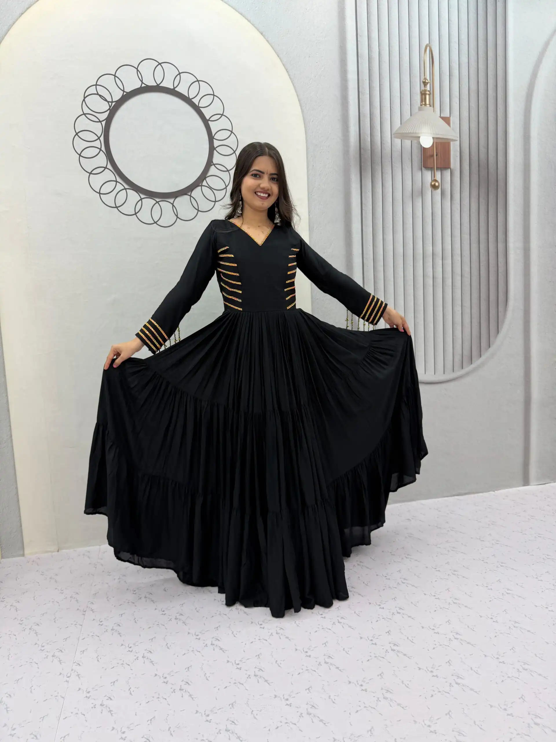 Super Black Pure Cotton Lace Work Gown - Image 4