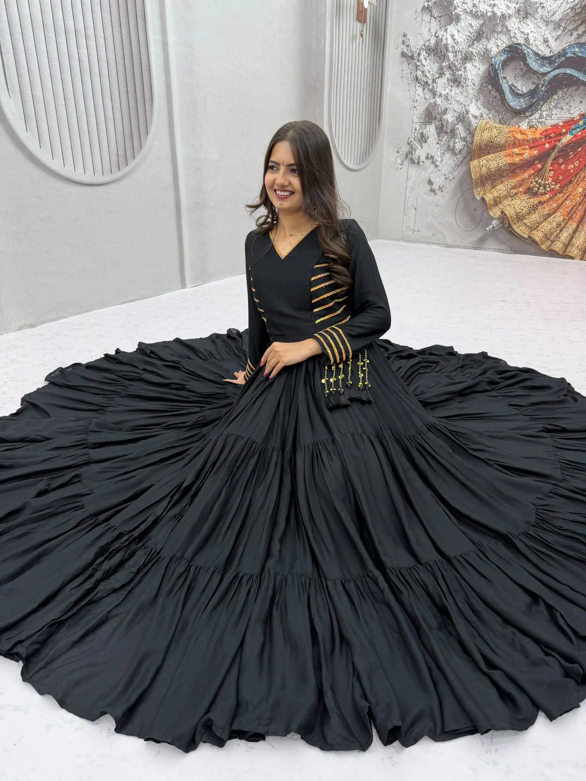 Super Black Pure Cotton Lace Work Gown - Image 12