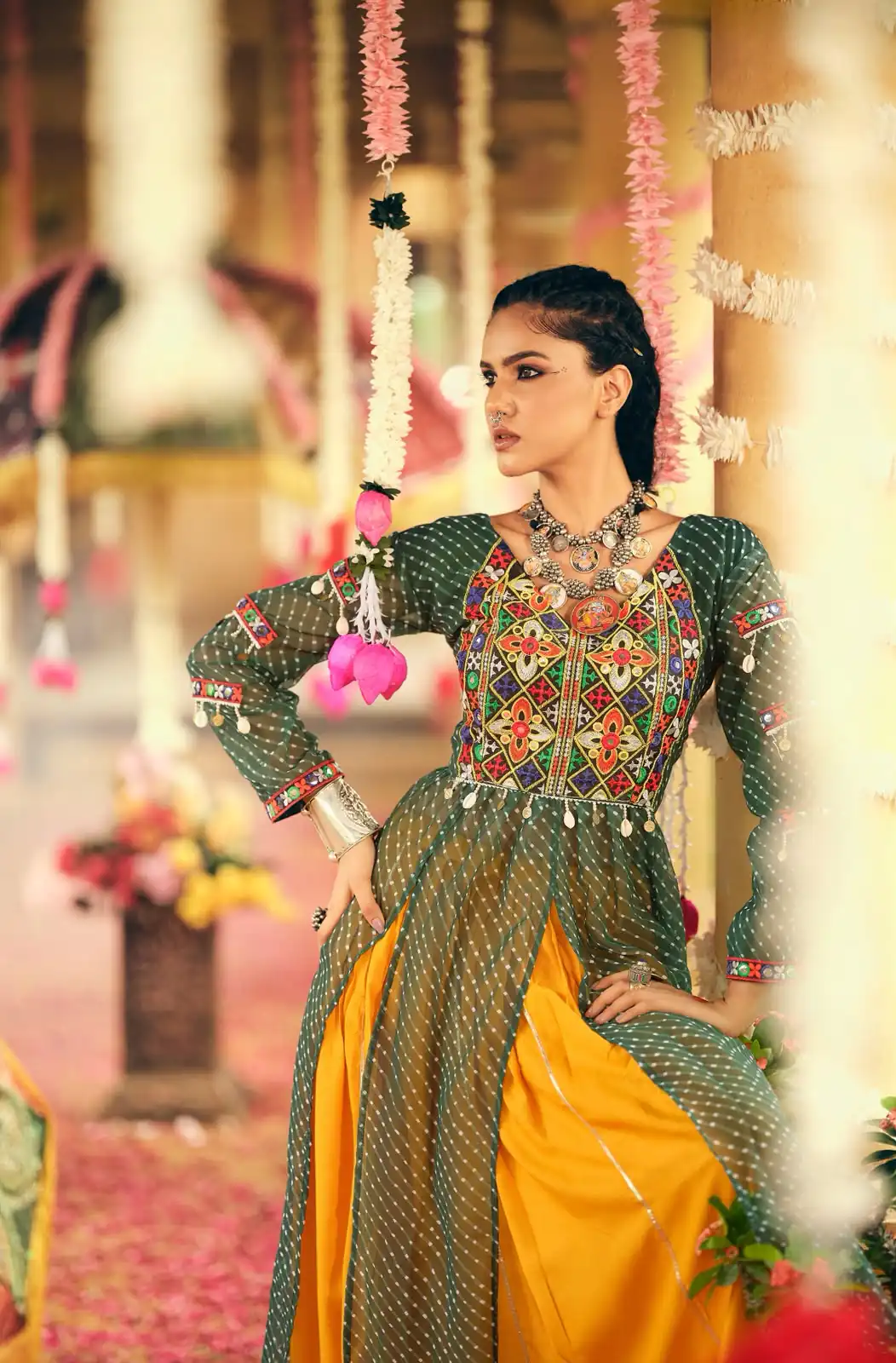 Super Green Plain Rayon Embroider Cowrie Work Lehenga Choli - Image 3