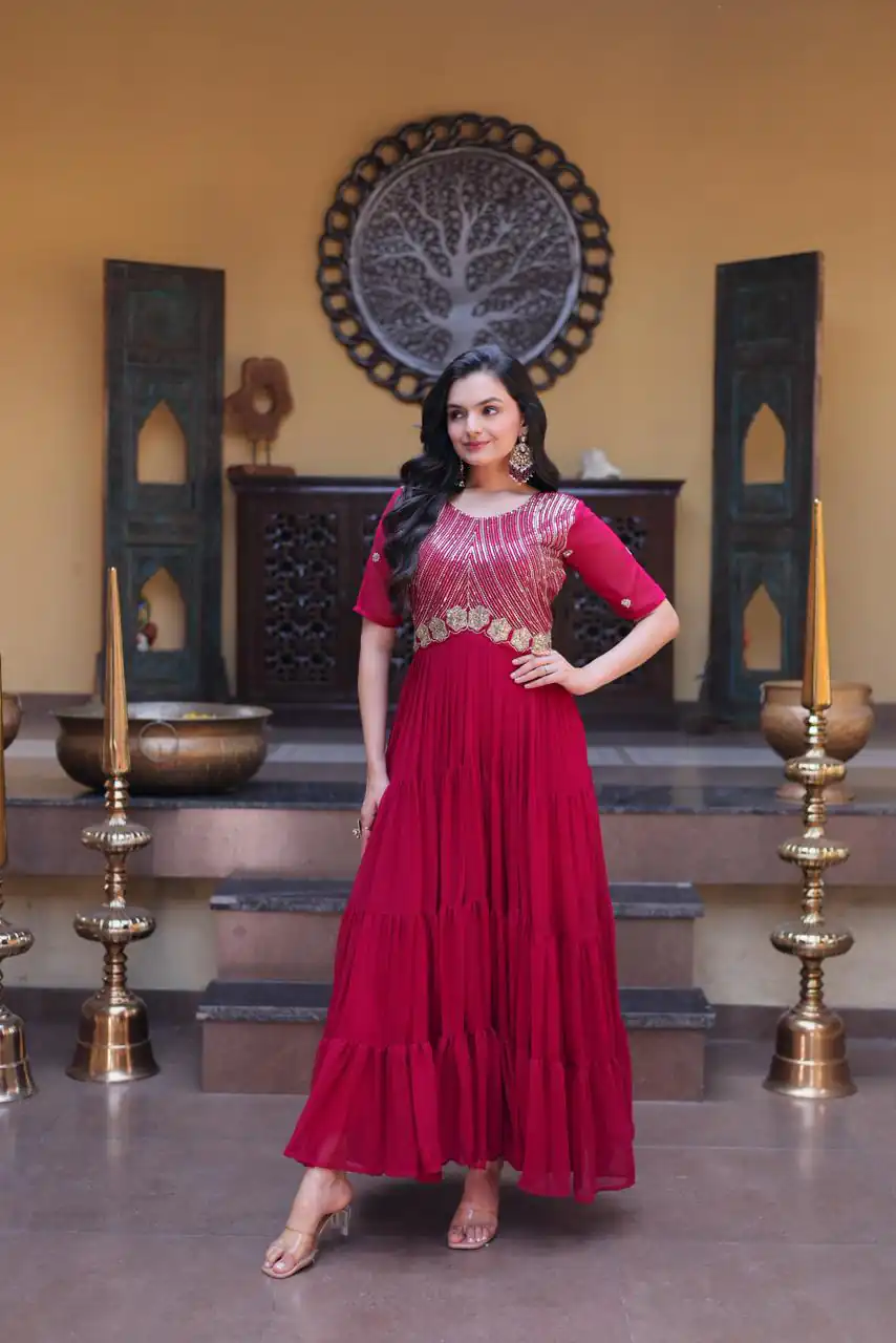 Super Pink Faux Blooming Embroider Zari Gown - Image 6