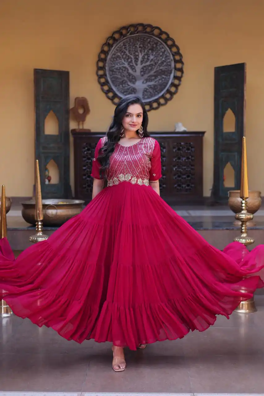 Super Pink Faux Blooming Embroider Zari Gown - Image 5