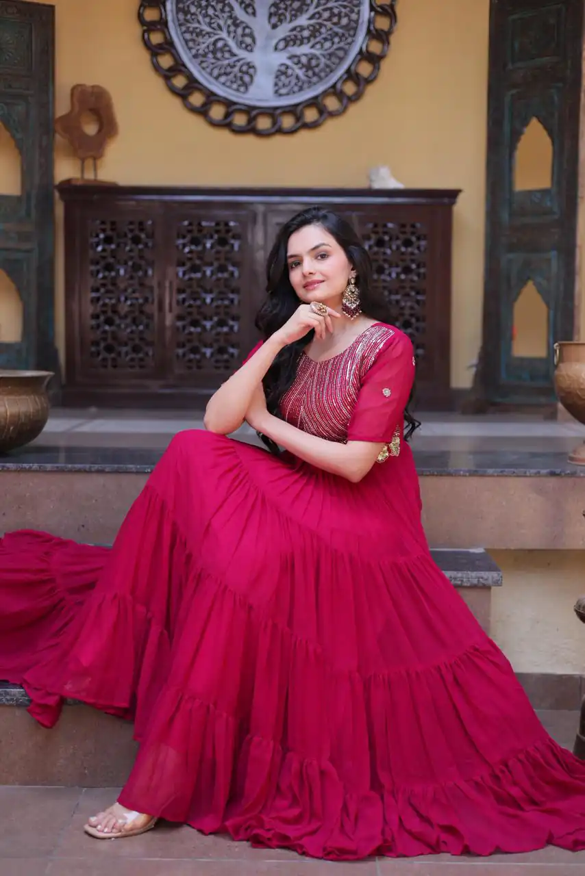 Super Pink Faux Blooming Embroider Zari Gown - Image 3