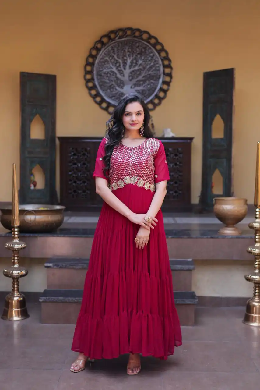 Super Pink Faux Blooming Embroider Zari Gown