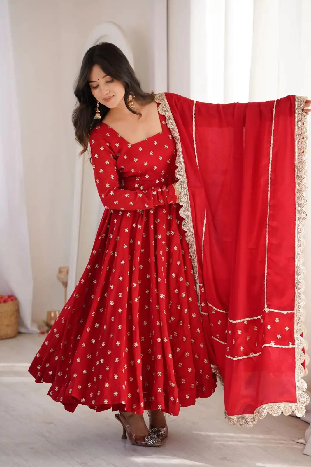 Super Red Chinon Silk Sequence Zari Work Salwar Suit