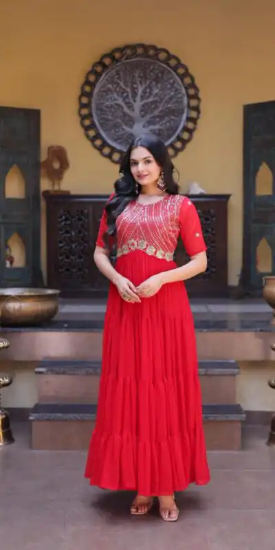 Alternative view of Super Red Faux Blooming Embroider Zari Gown