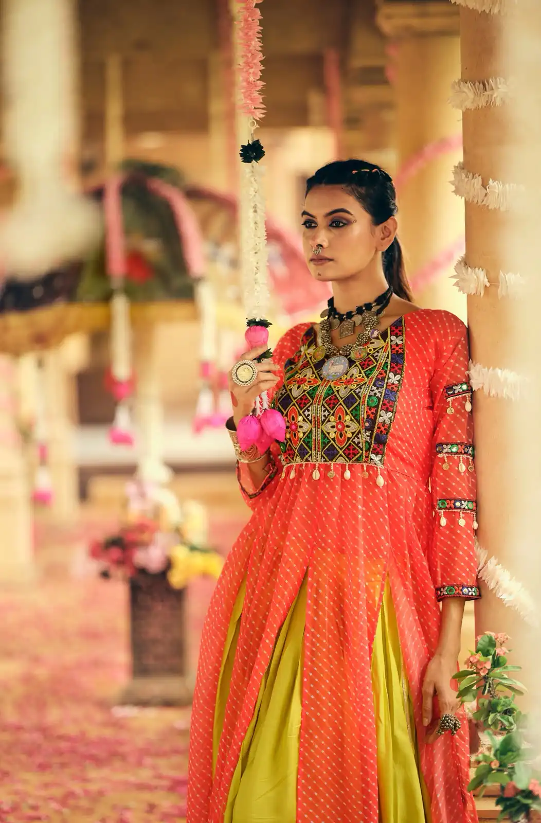 Super Red Plain Rayon Embroider Cowrie Work Lehenga Choli - Image 3