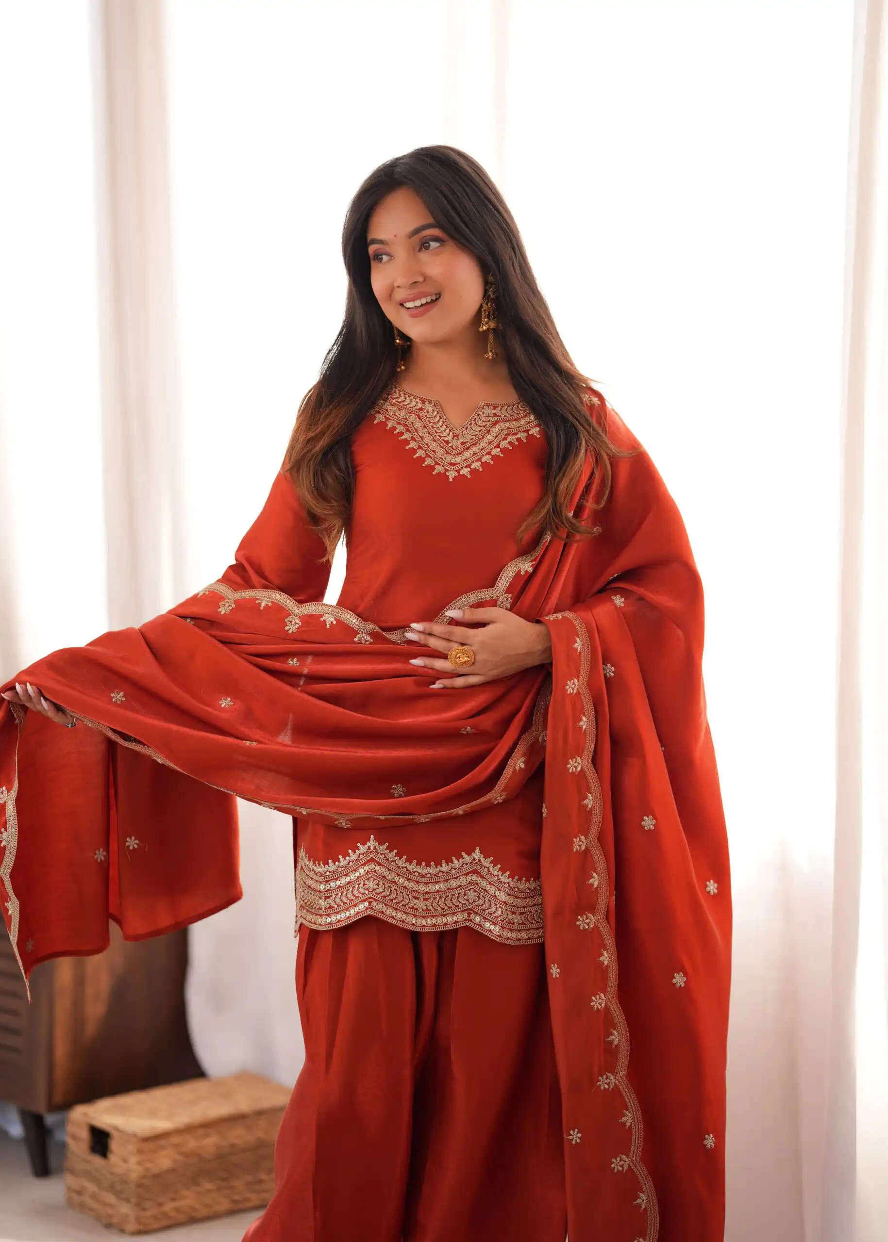 Super Rust Glass Roman Silk Sequins Work Salwar Suit - Image 5