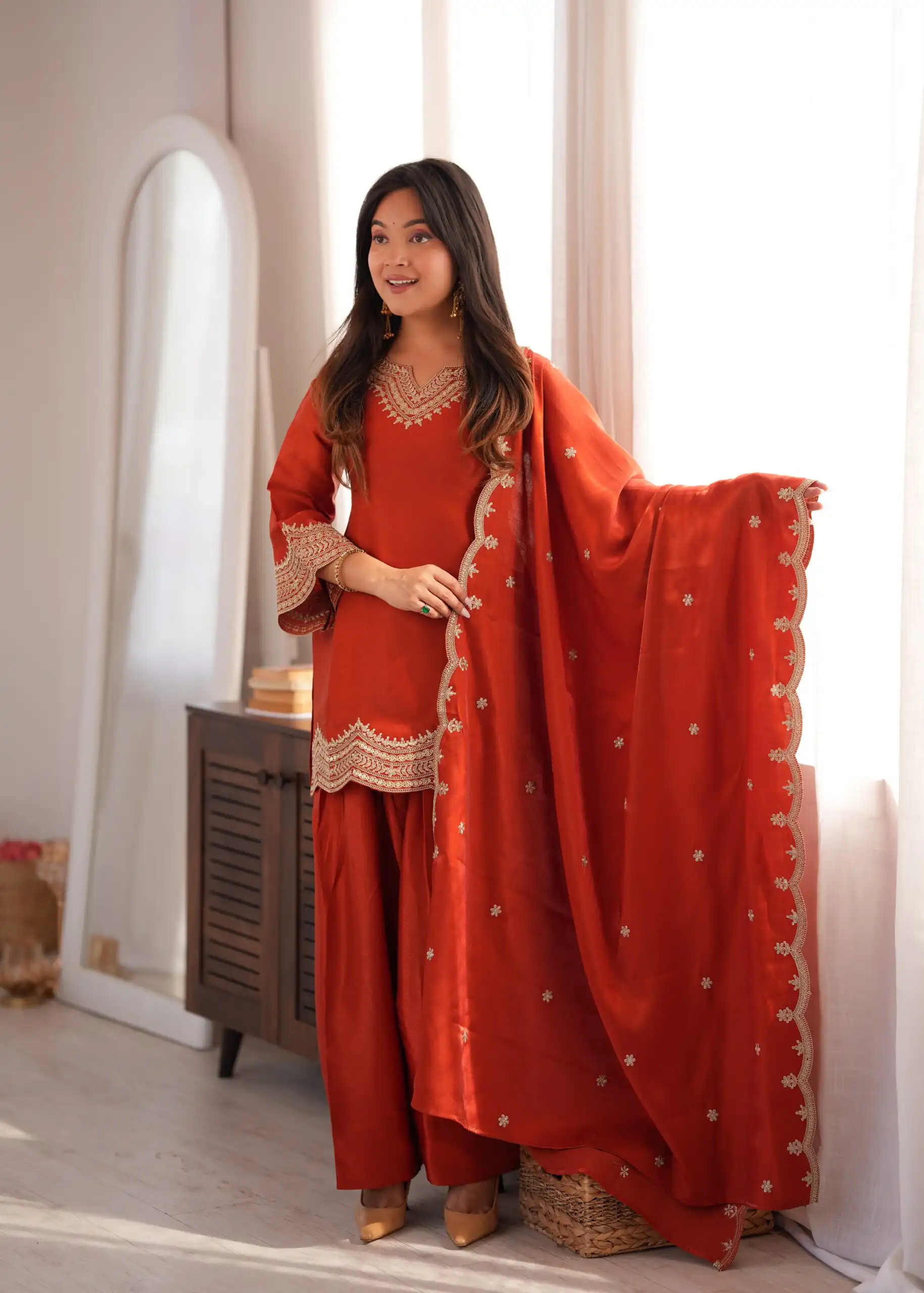 Super Rust Glass Roman Silk Sequins Work Salwar Suit - Image 4
