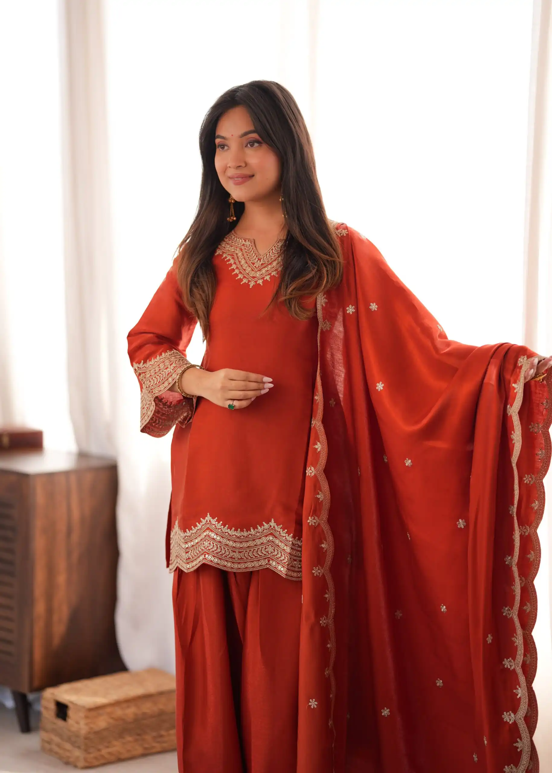 Super Rust Glass Roman Silk Sequins Work Salwar Suit - Image 6