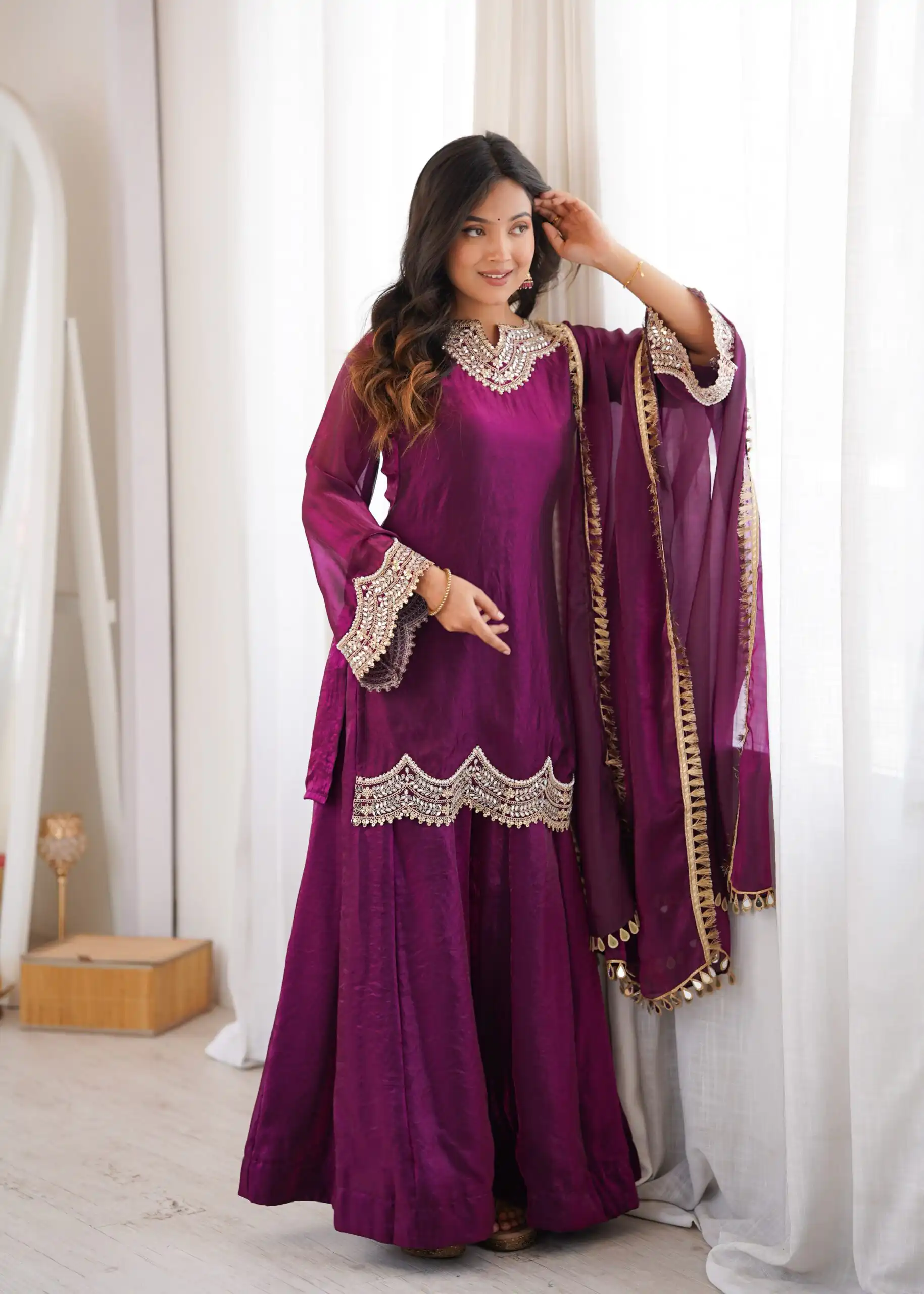 Super Wine Fendy Silk Embroidery Mirror Work⁠ Salwar Suit - Image 8