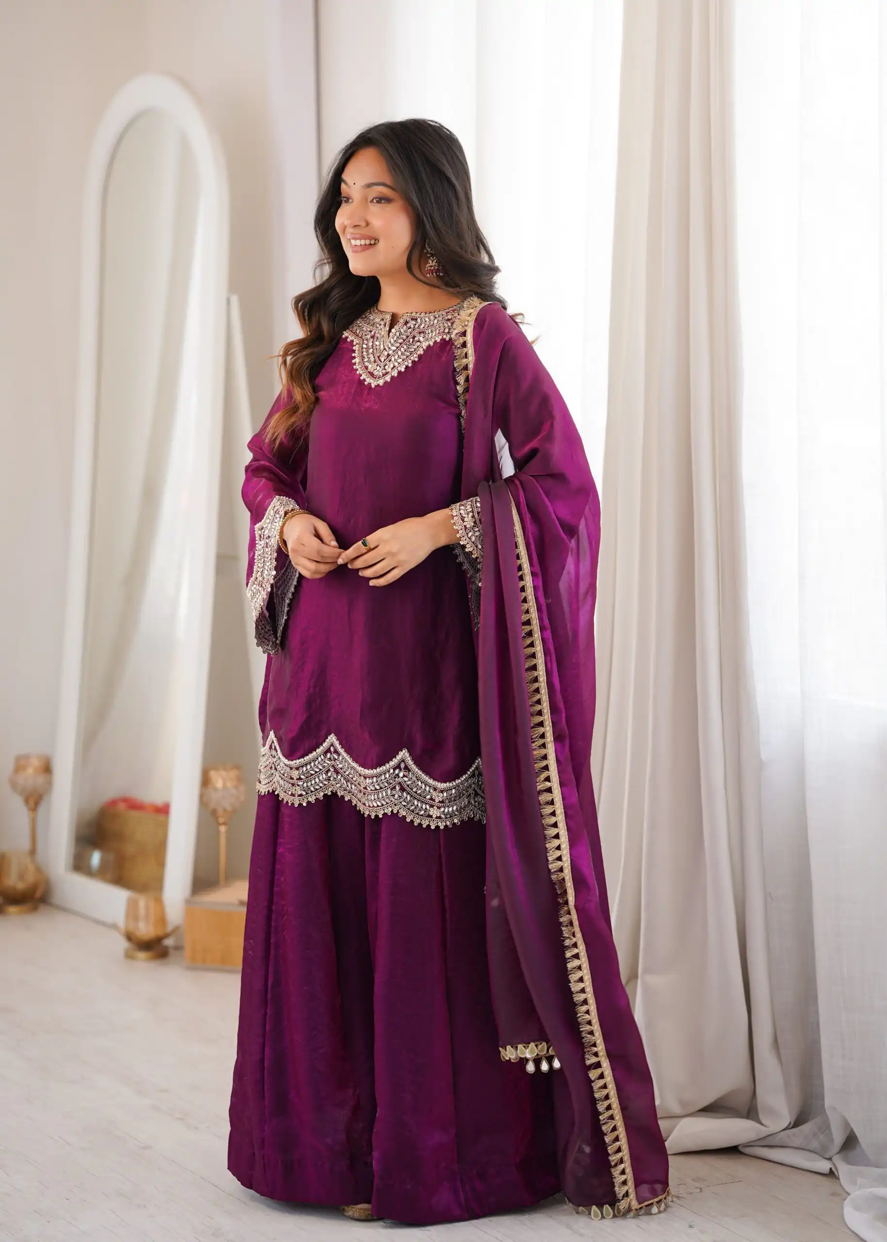 Super Wine Fendy Silk Embroidery Mirror Work⁠ Salwar Suit - Image 4