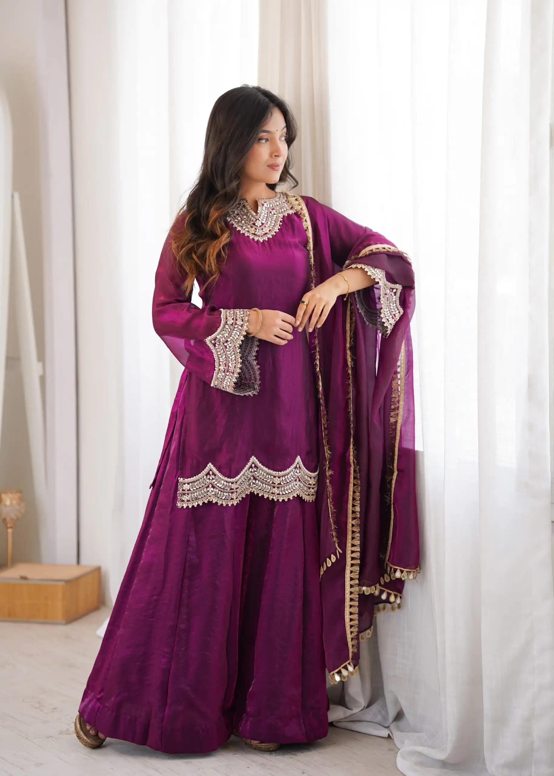 Super Wine Fendy Silk Embroidery Mirror Work⁠ Salwar Suit - Image 14