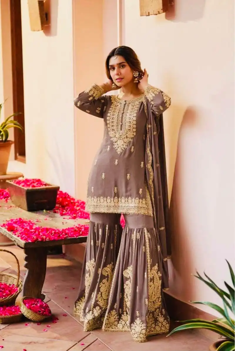 Trendy Brown Faux Georgette Embroider Work Salwar Suit