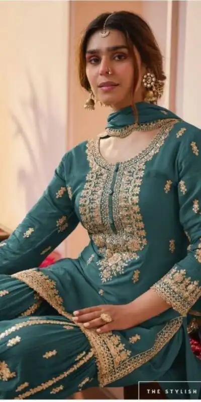 Alternative view of Trendy Teal Faux Georgette Embroider Work Salwar Suit