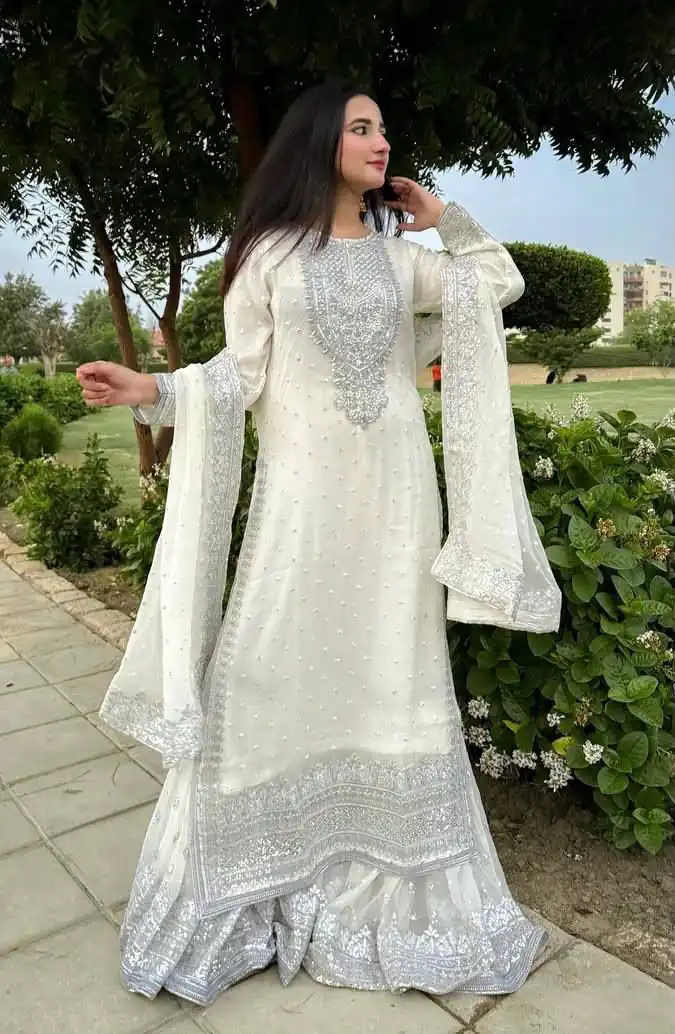 Unique White Faux Georgette Embroidery Work Salwar Suit
