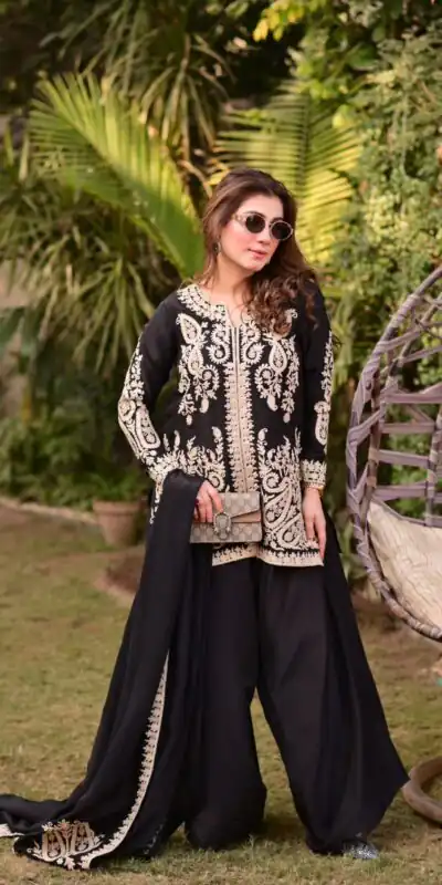 KD 1631 Black Black Faux Georgette Salwar Suit with Embroidery Work. Get it for ₹2099. Delivery 4-6 Working Days. Shop now. | Jump Suits, Straight Suits, Casual Suits, Creative suits, Designer Suits, Palazzo Suits, Party Wear Suits, Patiala Suits, Salwar suit
