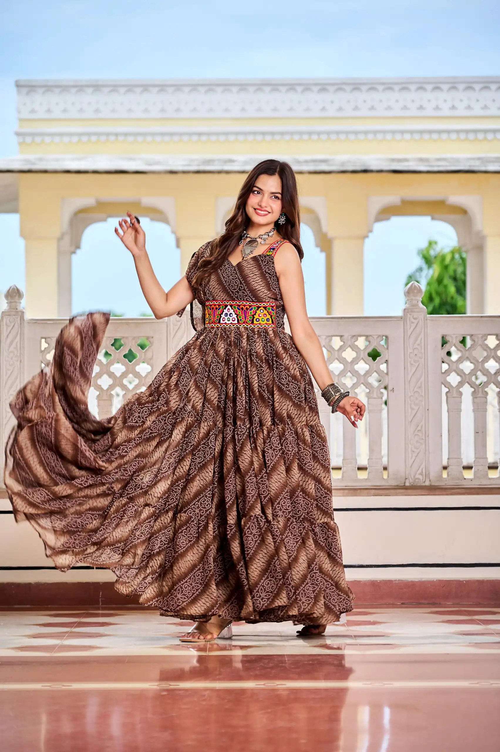 Ram 136 Brown Color | Red Faux Georgette Gown with Mirror Work. Get it for ₹1999. Delivery 4-6 Working Days. Online Shop now. | Bollywood Gowns, Creative Gowns, Designer Gowns, Embroidered Gowns, Gowns, Party Wear Gowns