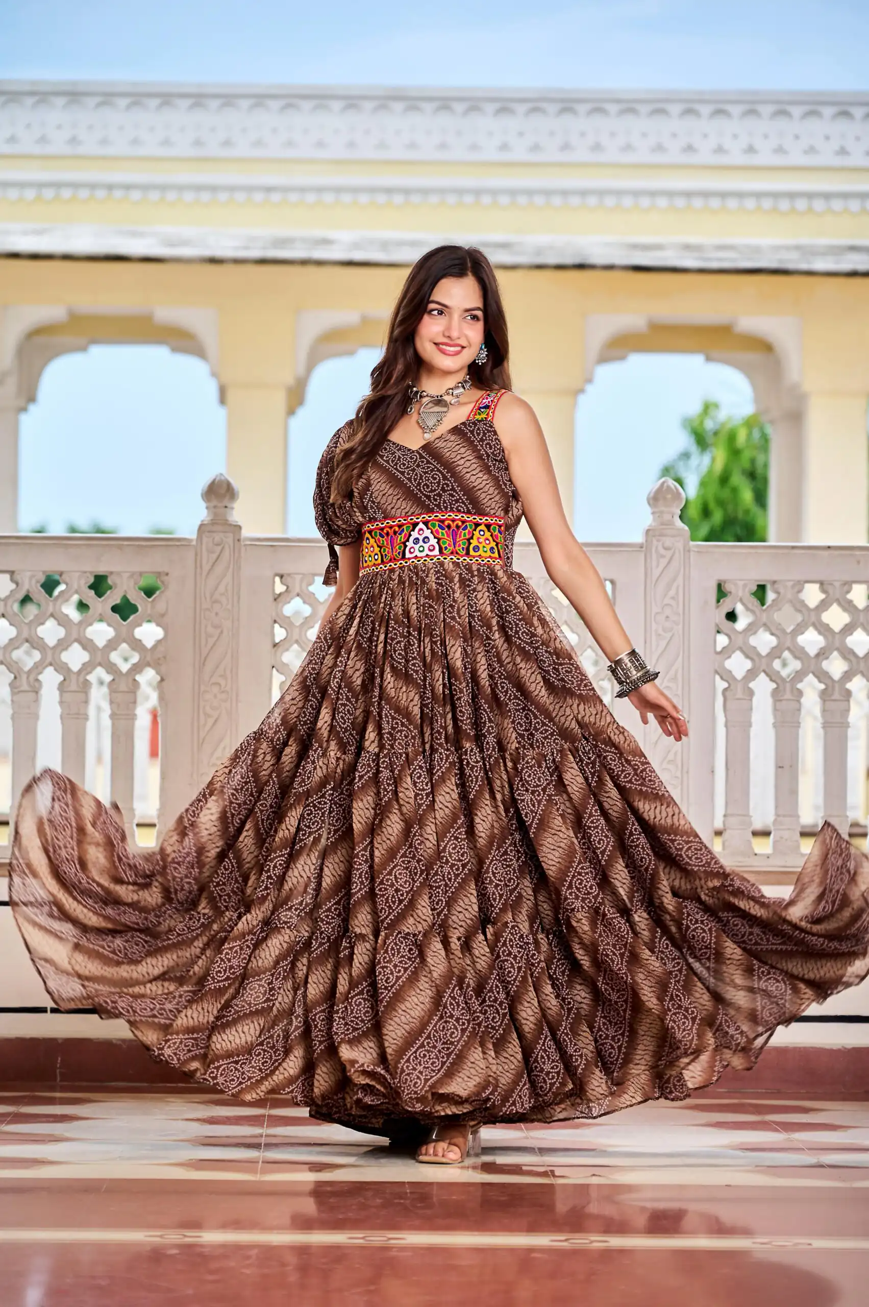 Ram 136 Brown Color | Red Faux Georgette Gown with Mirror Work. Get it for ₹1999. Delivery 4-6 Working Days. Online Shop now. | Bollywood Gowns, Creative Gowns, Designer Gowns, Embroidered Gowns, Gowns, Party Wear Gowns