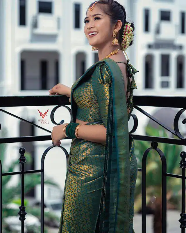 KPR 153 Green Color Soft Lichi Silk Saree with Jacquard Work. Best Price ₹1349. Delivery 4-6 Working Days. Online Shop now. | Bollywood Sarees, Creative Sarees, Designer Sarees, Embroidered Sarees, Ethnic Saree, Modern Digital sarees, Party Wear Sarees, Sarees