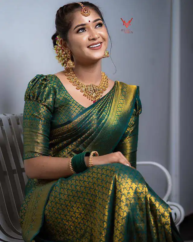 KPR 153 Green Color Soft Lichi Silk Saree with Jacquard Work. Best Price ₹1349. Delivery 4-6 Working Days. Online Shop now. | Bollywood Sarees, Creative Sarees, Designer Sarees, Embroidered Sarees, Ethnic Saree, Modern Digital sarees, Party Wear Sarees, Sarees