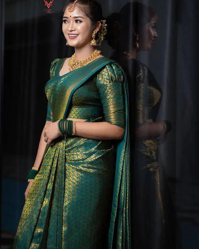 KPR 153 Green Color Soft Lichi Silk Saree with Jacquard Work. Best Price ₹1349. Delivery 4-6 Working Days. Online Shop now. | Bollywood Sarees, Creative Sarees, Designer Sarees, Embroidered Sarees, Ethnic Saree, Modern Digital sarees, Party Wear Sarees, Sarees