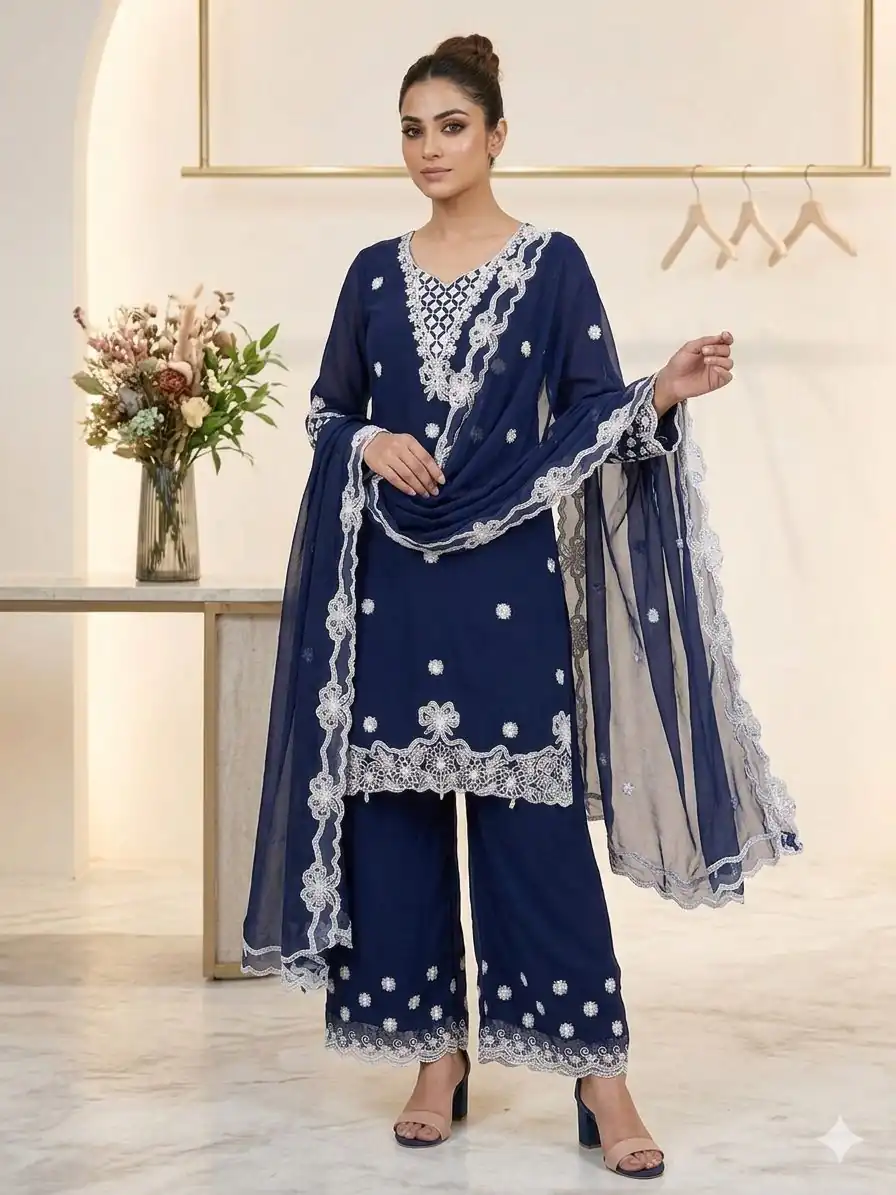 LG 2119 Navy Blue in Georgette Work Embroidery Work & Sequins Work Salwar Suit . Grab it for ₹1999. Delivery 4-6 Working Days. Shop now. | Jump Suits, Straight Suits, Casual Suits, Creative suits, Designer Suits, Palazzo Suits, Party Wear Suits, Patiala Suits, Salwar suit