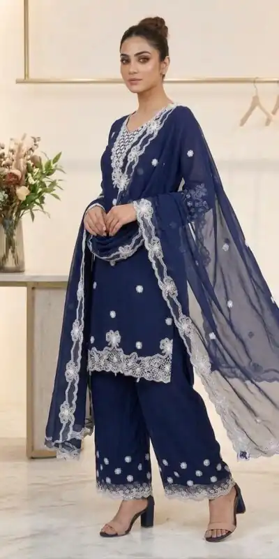 LG 2119 Navy Blue in Georgette Work Embroidery Work & Sequins Work Salwar Suit . Grab it for ₹1999. Delivery 4-6 Working Days. Shop now. | Jump Suits, Straight Suits, Casual Suits, Creative suits, Designer Suits, Palazzo Suits, Party Wear Suits, Patiala Suits, Salwar suit