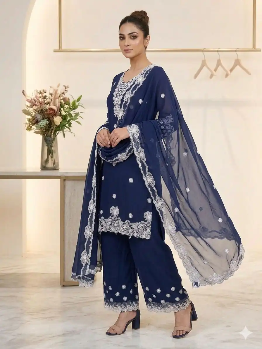 LG 2119 Navy Blue in Georgette Work Embroidery Work & Sequins Work Salwar Suit . Grab it for ₹1999. Delivery 4-6 Working Days. Shop now. | Jump Suits, Straight Suits, Casual Suits, Creative suits, Designer Suits, Palazzo Suits, Party Wear Suits, Patiala Suits, Salwar suit