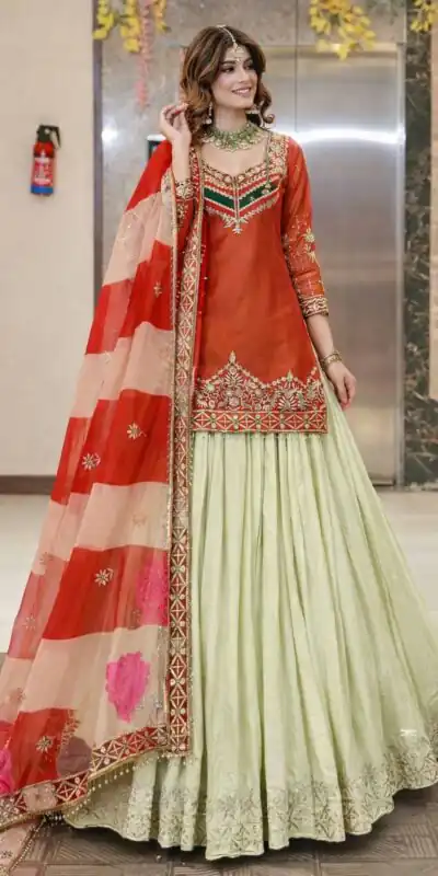 ZC 8008 Orange in Fandy Silk Sequins Work & Embroidery Work Lehenga Choli . Introductory Price ₹2499. Delivery 4-6 Working Days. Shop now. | Bollywood Lehenga, Creative Lehenga, Designer Lehenga, Embroidered Lehenga, Lehenga, Party Wear Lehenga