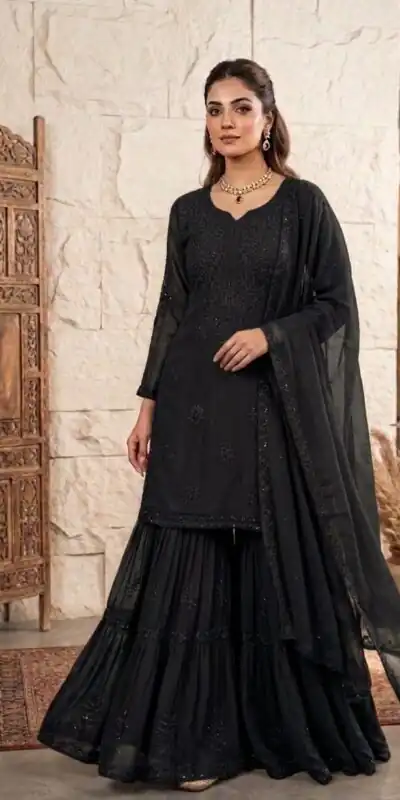 BE 456 Black Georgette Gown Perfect for Wedding, Party, Makar Sankranti, Karwa Chauth, Ethnic Day – . Now at just ₹2049. Delivery 4-6 Working D | Jump Suits, Straight Suits, Casual Suits, Creative suits, Designer Suits, Palazzo Suits, Party Wear Suits, Patiala Suits, Salwar suit